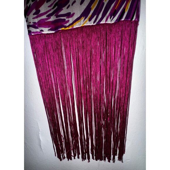 Bebe Long Purple Abstract Patterned Silk Scarf With Fringe Glam Rock Luxury Hot - Picture 4 of 4